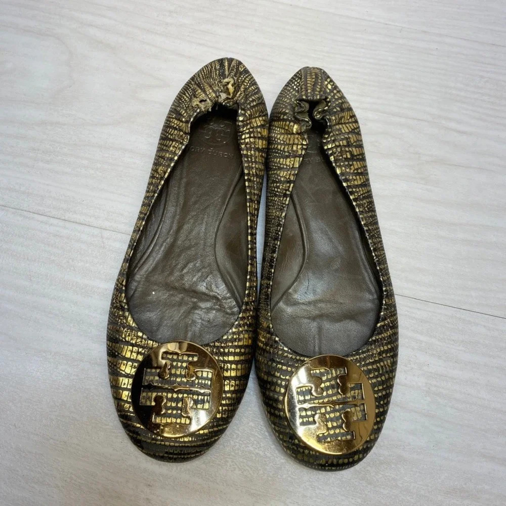 Flaw Tory Burch‎ Reva Ballet Flats Gold Metallic Snakeskin Logo Medallion 8.5M